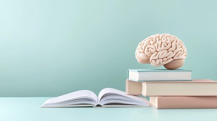 Beige Brain Floating Over Stack Of Books On Teal Background