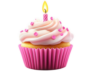 festive birthday cupcake with lit candle, topped with pink frosting and sprinkles, radiating joy and celebration. Perfect for special occasions