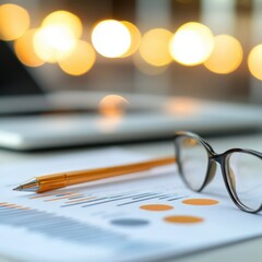 Fototapeta premium Financial Analysis with Pen, Glasses, and Bokeh Lights