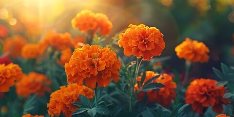 A cluster of marigold tagetes blossoms basking in the golden hour sunlight casting gentle shadows and showcasing their intricate petal patterns