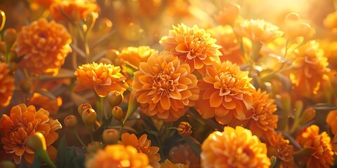 A cluster of marigold tagetes blossoms basking in the golden hour sunlight casting gentle shadows and showcasing their intricate petal patterns