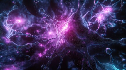 Microscopic view of vibrant purple and blue neural network.