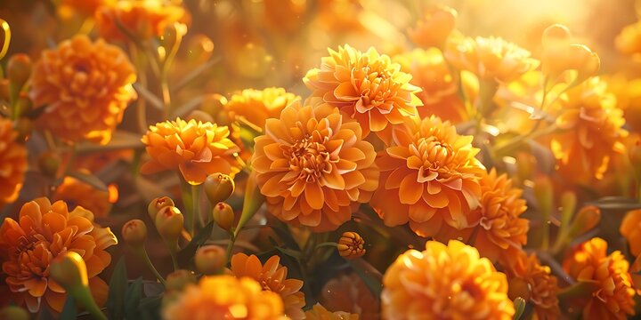 A cluster of marigold tagetes blossoms basking in the golden hour sunlight casting gentle shadows and showcasing their intricate petal patterns