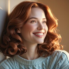 Young Woman Smiling by Window with Cozy Sweater and Curly Hair in Bright Sunlight Portrait Photography by Window Lighting Indoor Setting Relaxation Expression Photo Capture Lifestyle Picture Serene