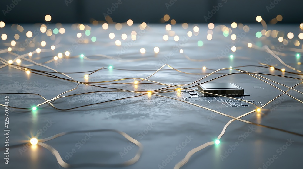Poster close-up of decorative string lights on a glossy surface, creating a cozy and ambient atmosphere.