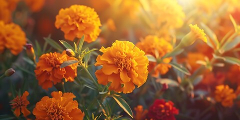 A cluster of marigold tagetes blossoms basking in the golden hour sunlight casting gentle shadows and showcasing their intricate petal patterns