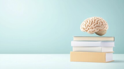 Floating Brain On Stacked Books Light Teal Background