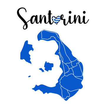 Santorini Islands, Greece. Map. Island in the Aegean Sea. Vector calligraphy lettering. Design element for cards, banner, flyer, T shirt print isolated on white background.