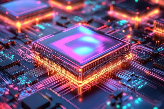 Network layers in a quantum computing environment with glowing circuits, highperformance computing, AI processing, futuristic tech