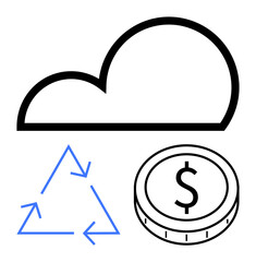 Cloud outline, recycling symbol, and dollar coin illustrate digital storage, eco-conscious efforts, and financial efficiency. Ideal for sustainability, technology, finance, data storage innovation