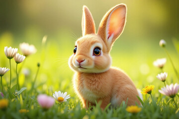young rabbit in sunlit meadow orange brown fur wildflowers