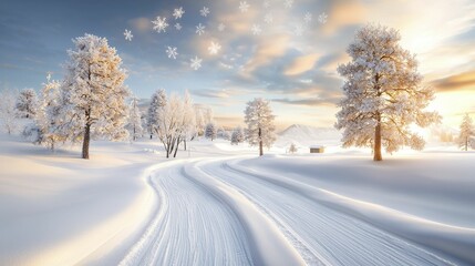Fototapeta premium Snowy Winter Landscape with Sunrise and Snow Covered Trees