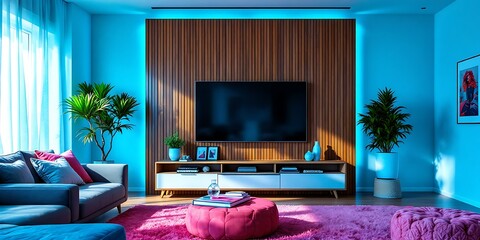 Modern living room, teal walls, pink rug, tv. Interior design