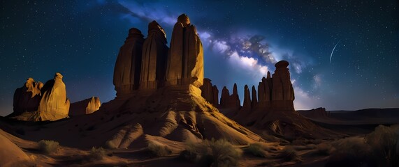 Ethereal landscape of towering rock formations under a vivid starry sky creating a magical nocturnal display that invites wonder
