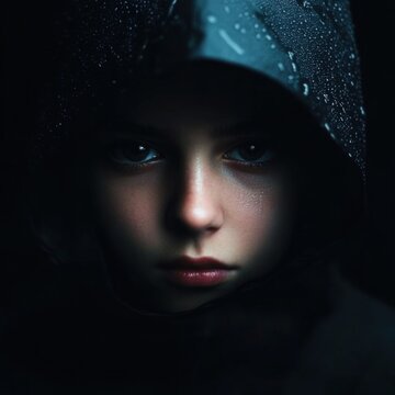 portrait of child with hood in the shadows