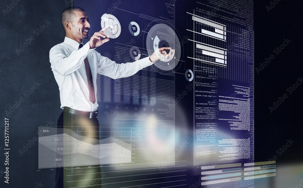 Poster man, smile and hologram in office for finance, cryptocurrency and interactive dashboard at night. wo
