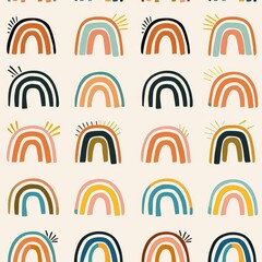 Rainbow small mini shape design an abstract pattern with curved lines in various colors, such as reds and yellows, on a cream background for social media profile pictures.