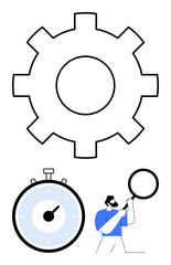 Gear stopwatch person with magnifying glass. Ideal for efficiency, time management, productivity, technical analysis, problem-solving, process improvement, optimization. Line metaphor