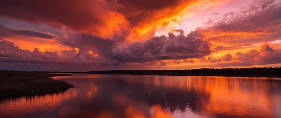 Fototapeta premium Dramatic clouds reflecting hues of orange and pink at sunset creating a breathtaking backdrop of natures ever shifting beauty