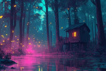 Obraz premium A magical house ensconced in a verdant forest, enveloped by fluttering butterflies, created by AI