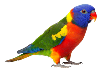 Rainbow Lorikeet, Trichoglossus haematodus, 3 years old, standing in front of white background.