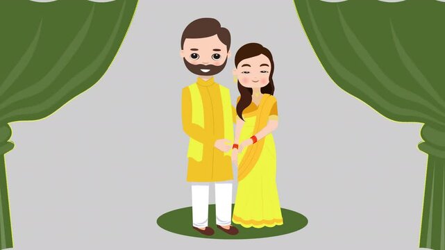 Illustrate a wedding haldi ceremony through vector animation. Characters celebrate the pre-wedding ritual, apply turmeric, and enjoy the festive atmosphere in a scalable design.