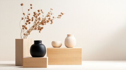 Elegant Arrangement of Minimalist Vases and Dried Flowers on Soft Background