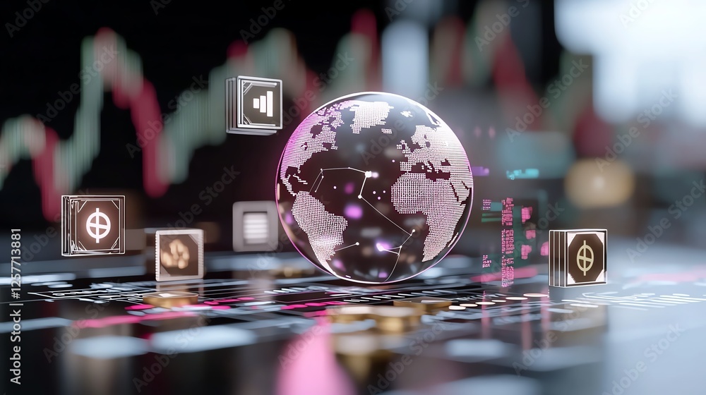 Poster digital globe and data icons over a financial graph, representing global technology and network conn
