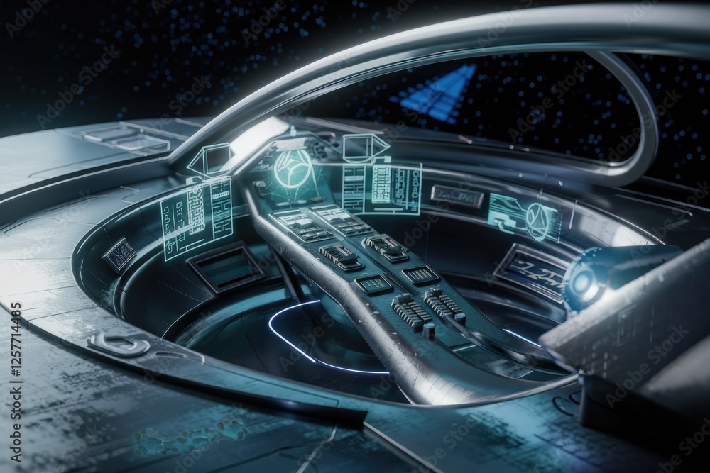 Poster futuristic spaceship cockpit with holographic controls and displays, showing advanced technology and