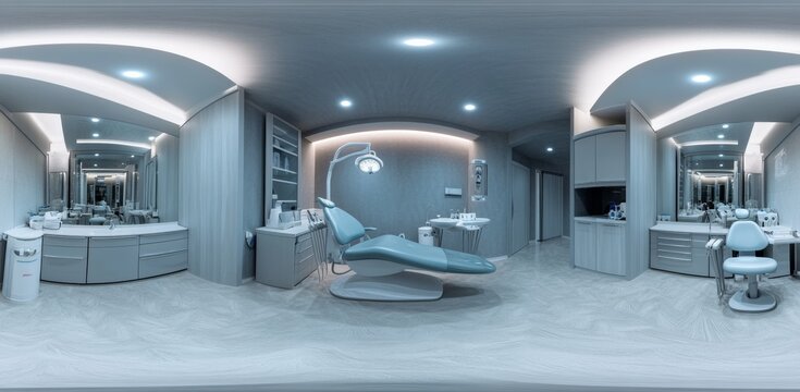 In equirectangular projection, the VR content showcases a surgeon, orthopedist, and therapist, along with a dentist office filled with modern equipment, set within a modern clinic