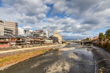 Fototapeta premium Japanese houses in Kamo River located in Kyoto Prefecture, Japan