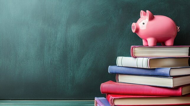  stack of books with a pink piggy bank on top. The books are of different colors - red, blue, and white - and are arranged in a pyramid-like shape