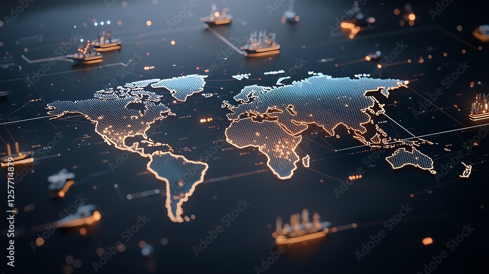 Poster digital map of the world with glowing circuit connections, symbolizing global technology and communi