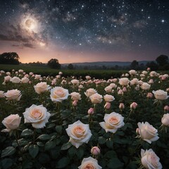 A peaceful field of roses under the soft glow of starlight, with a pure white background enhancing the beauty of the scene.