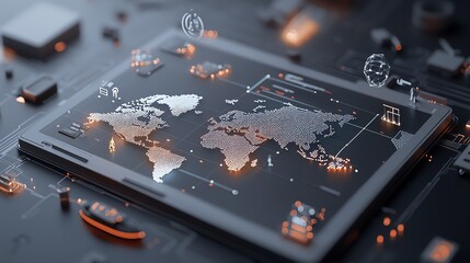 Digital world map on futuristic tablet, showcasing global connectivity and technology concept in dark tones.