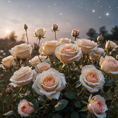 A serene and tranquil scene of roses glowing under a starry sky, surrounded by the purity of a white background.