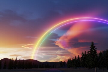 Naklejka premium Neon rainbow arching over a scenic sunset landscape with silhouetted mountains and trees.