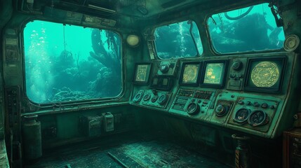 Obraz premium A digital artwork in a futuristic style presents a broad-spectrum view of an underwater laboratory, envisioned as a center for marine science research