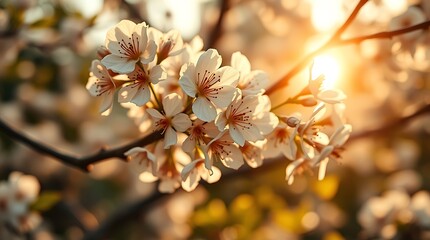 Fototapeta premium White blooming cherry trees. Sunset rays of the sun shine through the branches.