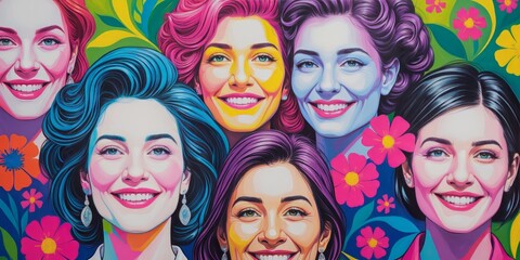 Obraz premium Vibrant pop art illustration of a smiling woman’s face, celebrating confidence, empowerment, and diversity. Perfect for International Women’s Day, feminist campaigns, and modern artistic designs.