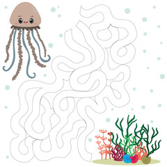 Obraz premium Shells and algae to which you need to find a way. A vector picture with a maze. A children's puzzle game with sea creatures. 