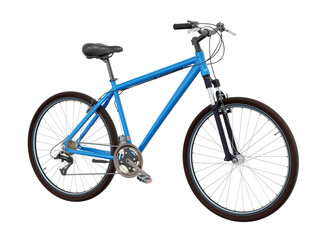 Fototapeta premium Blue bicycle, side front view. Black leather saddle and handles. Png clipart isolated on transparent background