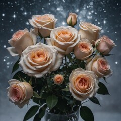 A stunning bouquet of roses gently illuminated by the glow of distant stars, with an ethereal white backdrop to enhance their beauty.