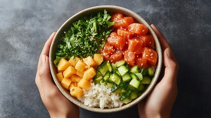 A lifestyle shot of hands holding a poke bowl filled with fresh fish, greens, and vegetables