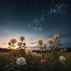 A peaceful meadow with a glowing bouquet of roses, illuminated by a sky filled with twinkling stars and a blank white background.