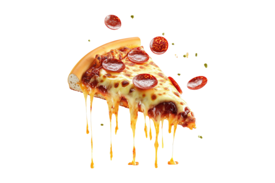 Pepperoni pizza slice with melted cheese and toppings floating in the air isolated on white or transparent, PNG
