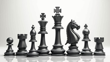 A detailed vector illustration of black chess pieces arranged in a row, including king, queen, bishop, knight, and pawns.