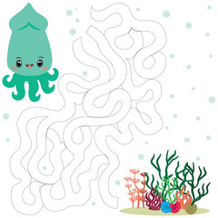 Shells and algae to which you need to find a way. A vector picture with a maze. A children's puzzle game with sea creatures. 