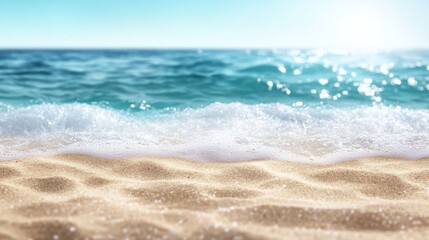 A beautiful abstract bokeh effect of shimmering turquoise ocean waves, soft-focus light reflections creating a peaceful and relaxing beach ambiance, warm summer glow enhancing the dreamy atmosphere