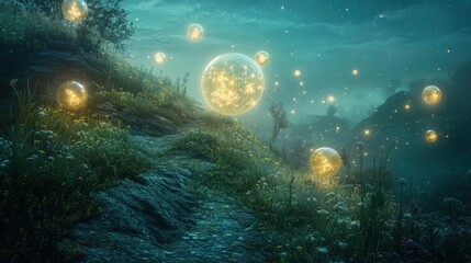 Obraz premium Fantasy landscape with glowing orbs, capturing imagination, mystery, and the allure of enchanted worlds.